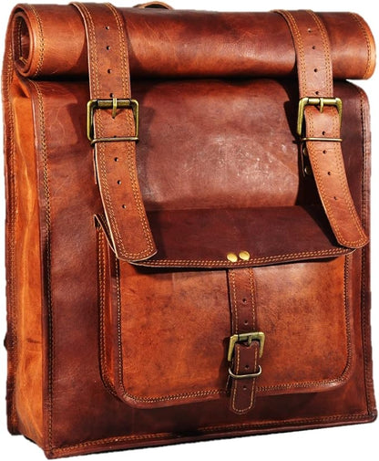 URBAN DEZIRE Men's 17 inch Leather Vintage Roll On Laptop Backpack Rucksack knapsack college bag