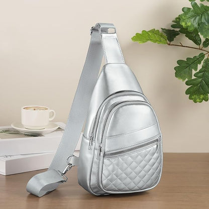 Crossbody Bags for Women Men,Leather Sling Bag Cross Body Backpack for Women, Casual Chest Bag Daypack for Travel Hiking, Silver