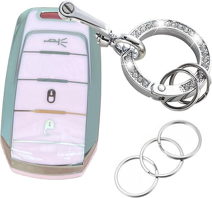 Key Protective Shell for RAM Key Fob Cover with Keychain Fit for RAM 1500 2500 3500 Smart Key Case Accessories (3-Button-Pink-Silver)
