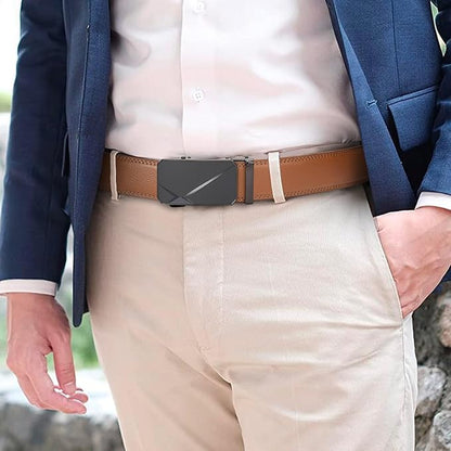 SENDEFN Men's Leather Belt Automatic Ratchet Buckle Slide Belt for Dress Casual Trim to Fit with Gift Box