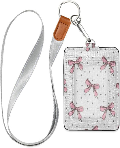 YETTASBIN Bow Pink ID Badge Holder with Removable Lanyard, Vertical PU Leather Cards Holder with 1 Clear ID Window and 2 Cards Slot for Office and School