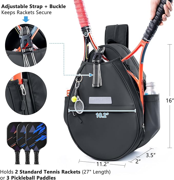 Tennis Backpack with 2 Rackets Holder, Water-Resistant PU Leather Tennis Racket Bag for Women & Men, Sling Crossbody Sports Backpack for Tennis, Pickleball & Badminton, Tennis Gifts