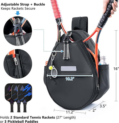 Tennis Backpack with 2 Rackets Holder, Water-Resistant PU Leather Tennis Racket Bag for Women & Men, Sling Crossbody Sports Backpack for Tennis, Pickleball & Badminton, Tennis Gifts