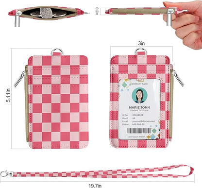 bolimoss Checkered Lanyard Wallet with Id Badge Holder Slim Keychain Wallet for Women Zip Card Holder with ID Window, 5 Card Slots, Side Zipper Coin Purse, Detachable Neck Strap