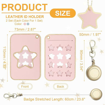 PATIKIL Retractable Badge Holders, 2 Pcs Cute Leather ID Holder with Badge Reels Keychain ID Card Clip Protector Cover for Women Work Office Business Trip, Pink/Light Blue