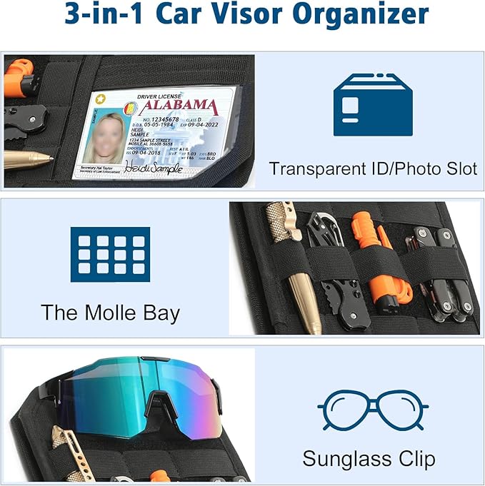 Upgraded Molle Car Sun Visor Organizer, Semi-Rigid MOLLE Panel No Sagging with Zipper Storage Pouch & Glasses Clip, Heavy Duty Tactical Gear for Trucks SUVs Cars - Universal Fit