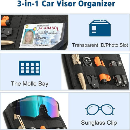 Upgraded Molle Car Sun Visor Organizer, Semi-Rigid MOLLE Panel No Sagging with Zipper Storage Pouch & Glasses Clip, Heavy Duty Tactical Gear for Trucks SUVs Cars - Universal Fit