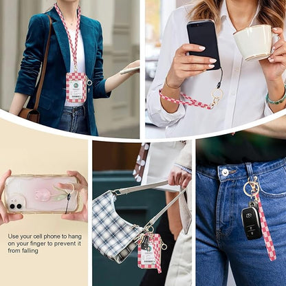 bolimoss Checkered Lanyard Wallet with Id Badge Holder RFID Wristlet Keychain Wallet for Women Zip Card Holder with ID Window, Side Zipper Coin Purse, Detachable Wrist Neck Strap