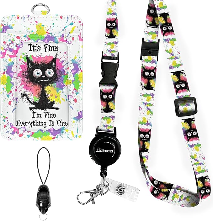 bolimoss Burnt Cat ID Badge Holder with Retractable Badge Reels, Funny Leather ID Badge Holder with Lanyard, Breakaway Neck Lanyards with Quick Release Buckles, ID Card Holder for Teacher Student Kids