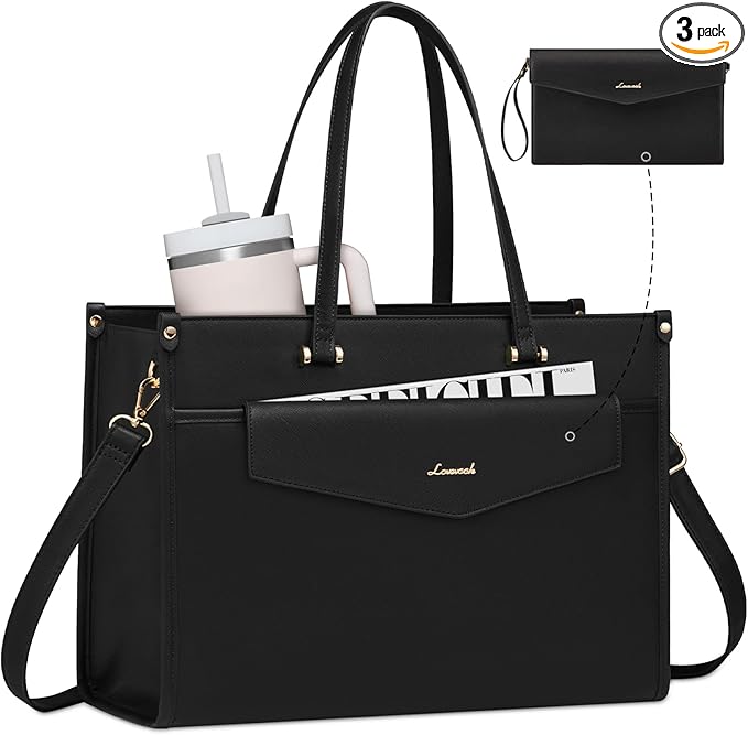 LOVEVOOK Laptop Bag for Women, 17.3'' Laptop Tote Purse 2-in-1 Professional Work Bag Business Briefcase with Clutch Purse, Waterproof Leather Computer Handbag for Teacher Office Travel
