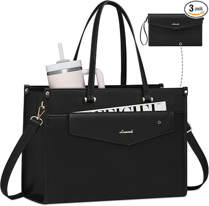 LOVEVOOK Laptop Bag for Women, 17.3'' Laptop Tote Purse 2-in-1 Professional Work Bag Business Briefcase with Clutch Purse, Waterproof Leather Computer Handbag for Teacher Office Travel