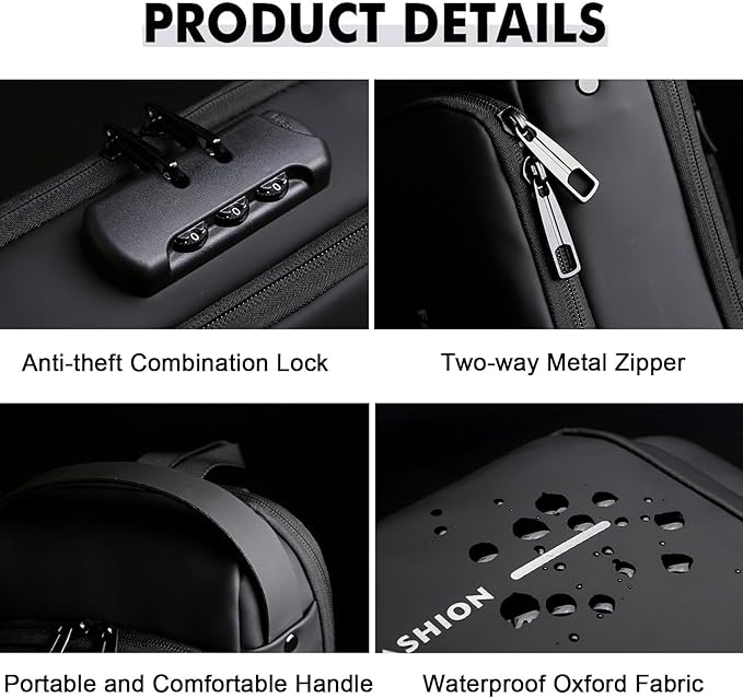 Sling Bag for Men Anti-theft USB Crossbody Shoulder Backpack Purse Waterproof PU Leather Chest Bag Travel Daily Use