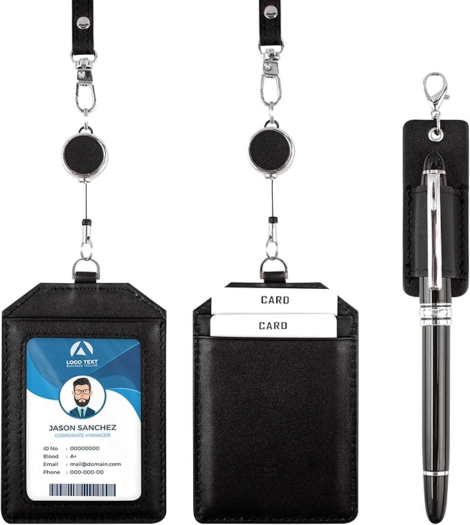 Office Badge Holder - Boshiho Genuine Leather Credit ID Card Holder with Stretch Neck Lanyard Vertical Style (Black)