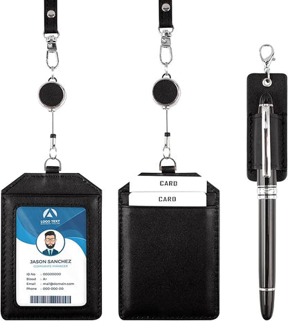 Office Badge Holder - Boshiho Genuine Leather Credit ID Card Holder with Stretch Neck Lanyard Vertical Style (Black)