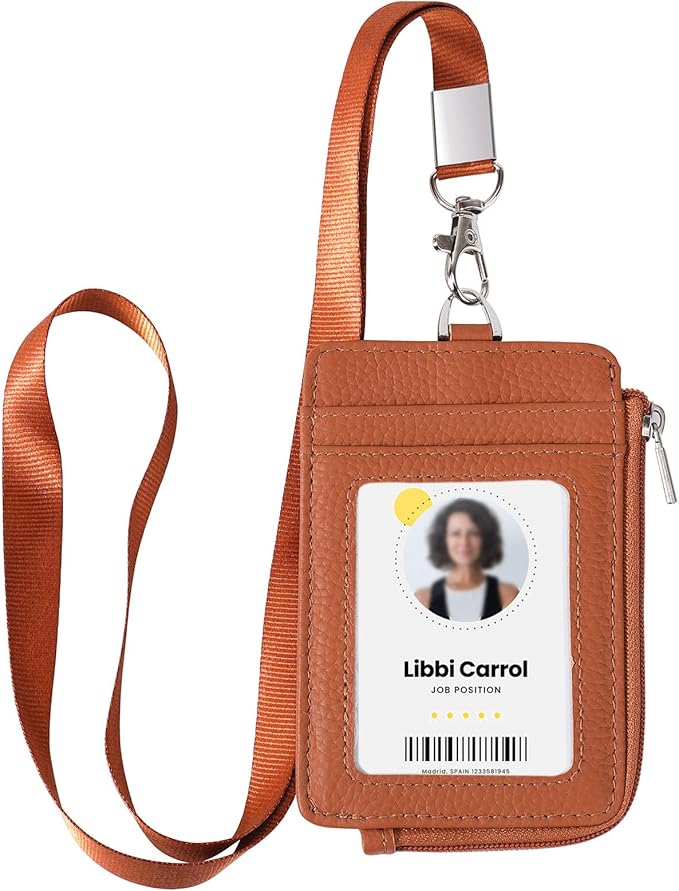 Badge Holder-Genuine Leather ID Badge Holder with Zipper Pocket and Nylon Lanyard – Perfect for Badges, Cards, and More