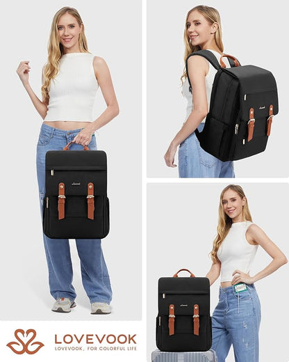 LOVEVOOK Laptop Backpack Purse for Women Vintage Travel Computer Backpack Fashion 17 Inch Airline Approved Carry on Backpack Large Teacher Nurse Bag for Work Business College, Black