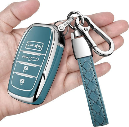 Sindeda for Toyota Key Fob Cover with Metal Keychain & Leather Strap for 2025-2026 Camry 4 Runner 2019-2026 Venza, Land Cruiser,2023-2026 Tacoma Grand Highlander,Corolla,bZ4X,4-5 Buttons(Storm Blue)