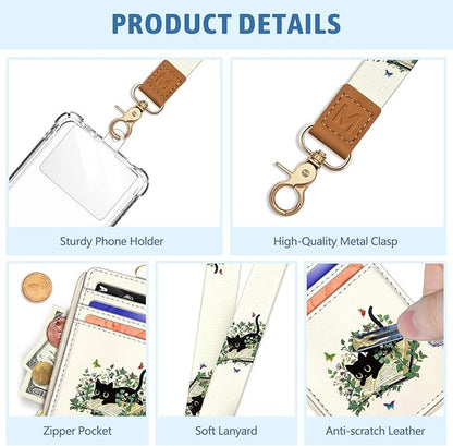 Piefly Black Cat Book Lanyard Wallet with ID Badge Holder, Small RFID Wallet Women Keychain Wristlet, Slim Credit Card Holder with Zipper Pocket Phone Lanyard Wrist Strap Name Tag Office Teacher Gift
