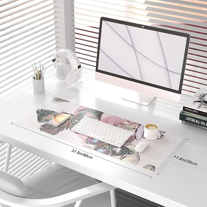 QiyI Large Mouse Pad, PU Leather Desk Blotter Protector, Waterproof Computer Desk Mat, Butterflies Keyboard Mouse Pads, Non Slip Base Home & Office Accessories, Extended Large Size 31.5" x 11.8"