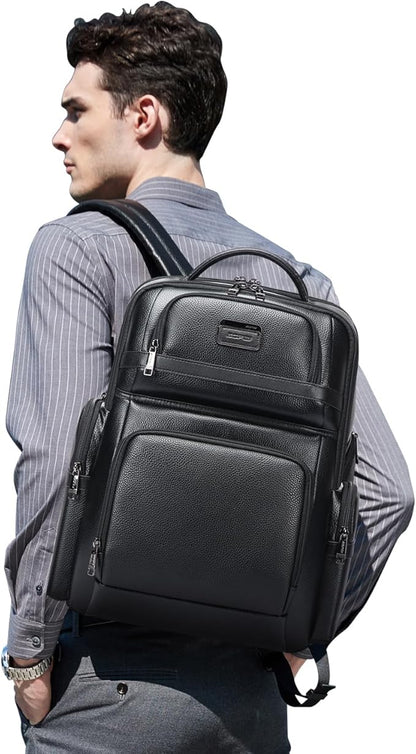 BOPai Genuine Leather Laptop Backpack Men for 15.6 inch Business Smart Professional Lightweight Backpack with USB Charging Office Commuter Computer Rucksack Executive Anti Theft Black