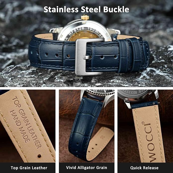 WOCCI Watch Bands, Top Grain Leather, Embossed Alligator Grain, Quick Release, Band Width 18mm 20mm 22mm