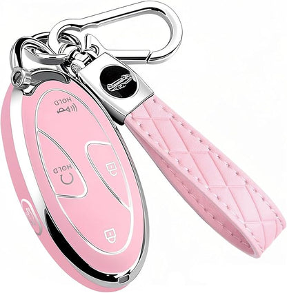 5 Buttons Compatible with Hyundai Key Fob Cover Accessories, Fits for Elanrtra Sonata Ioniq Santa Fe Santa Cruz KONA Tucson, Soft TPU Key Case with Leather Keychain (Pink)