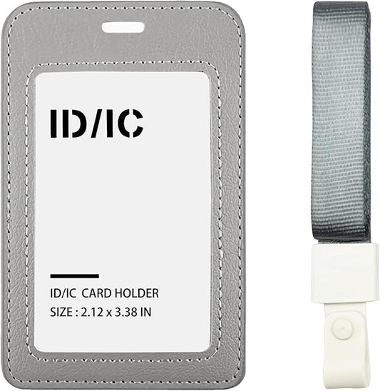 Leather ID Badge Holder with Lanyard for Women and Men, Vertical ID Card Holder, 2 Card Slots, 21 Inch Neck Lanyard for Work, School, Office