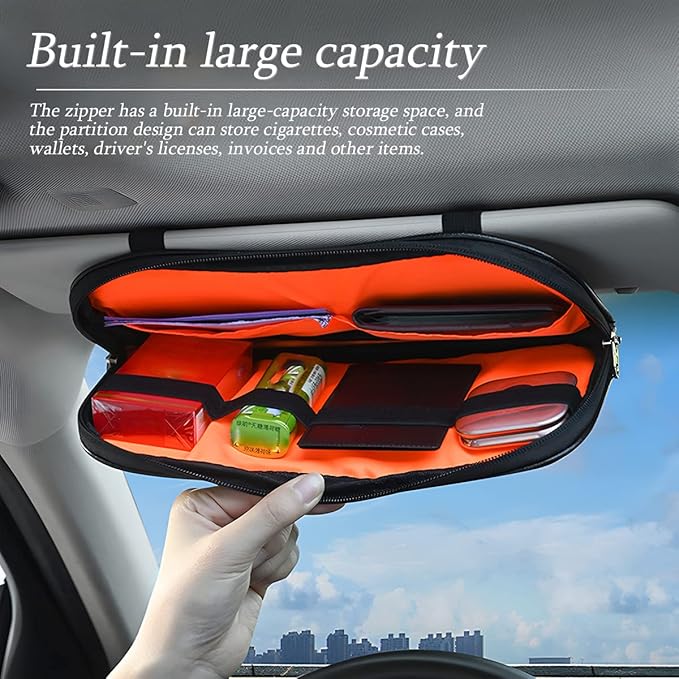 Car Sun Visor Organizer, Sunglass Holder and Storage Pocket, Card Cash Pouch with Multi-Pocket Net Zipper, Case Bag for License Pen Key, Auto Interior Accessories for Truck, SUV, Van (Red)