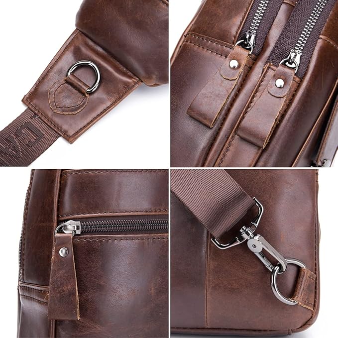 Hebetag Leather Sling Bag Crossbody Backpack for Men Women Outdoor Travel Work Shoulder Chest Pouch Camping Casual Daypack Coffee 18cm(W) x8cm(D) x30cm(H)(7.08"x3.14"x11.81") approx;