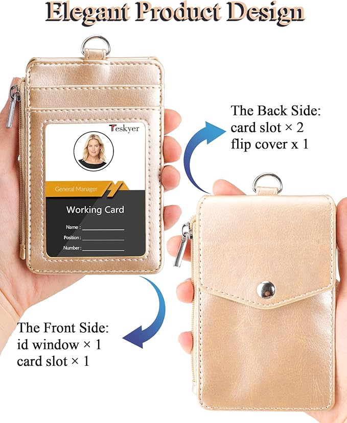 Teskyer Badge Holder with Side Zip Pocket, Multiple Card Slots Leather ID Holder Wallet with Neck Lanyard for Office Staffs, Teachers/Students, Couriers, Workers, Gold
