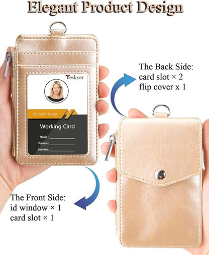 Teskyer Badge Holder with Side Zip Pocket, Multiple Card Slots Leather ID Holder Wallet with Neck Lanyard for Office Staffs, Teachers/Students, Couriers, Workers, Gold