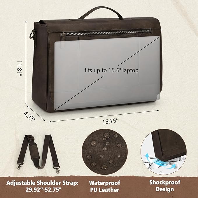RAINSMORE Leather Messenger Bag for Men 15.6 Inch Laptop Bag Vintage Briefcase Large Computer Bag Satchel Shoulder Bag For College, Work, Business, Office, Wood