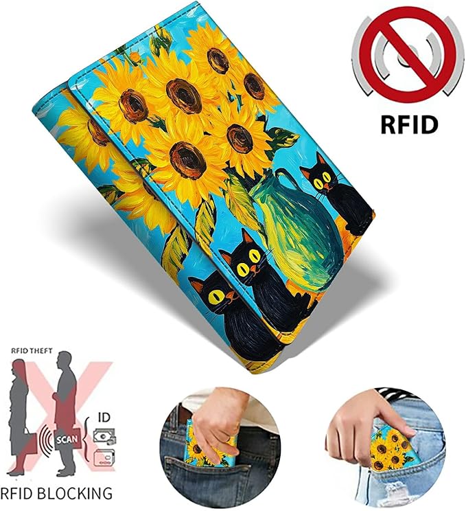 Minimalist Wallet for Men's Card Holders, Pop-Up Card Case Wallets for Women, Leather Automatic Credit Card Holder with Metal Money Clip RFID Blocking Bifold Pocket, Sunflower Black Cat