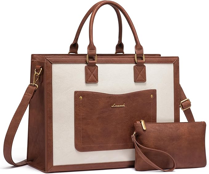 LOVEVOOK Laptop Tote Bag for Women, 15.6 Inch Work Bags, Vintage Leather Tote Bag, Waterproof Computer Bags with Clutch Purse, Large Capacity Messenger Bag for Teacher College Business Office