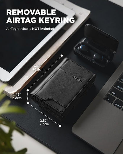 VULKIT Airtag Wallet with Keyring Mens Pop up Credit Card Wallet Compatiable with Air Tag Holder Trifold ID Window RFID Blocking