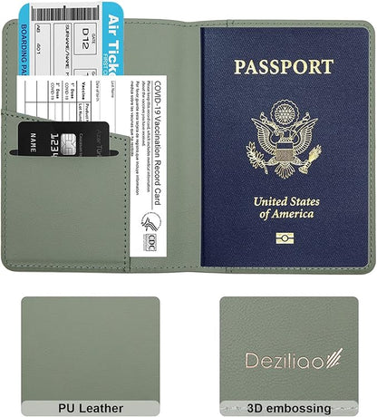 Deziliao Passport Holder,Passport Holder Card Slots, Passport and Vaccine Card Holder Combo, Cute Passport cover for Women and Men, with Waterproof Rfid Blocking, Passport Travel Wallet(Moss green)