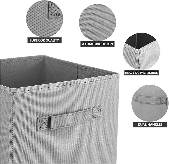 Basics Fabric Clothing Storage Bins - 10.6" x 10.6" x 11" - Collapsible Storage Cubes Organizer with Handles, Linen Foldable Storage Baskets Cloth Box Containers, Closet Organizers 6PC Grey