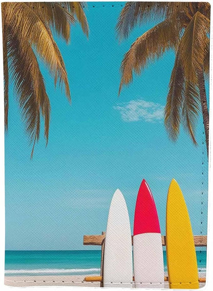 Holiday Beach Passport Holder for Travel Surfboard and Palm Tree PU Leather Passport Cover Wallet Cute Passport Card Holder for Women and Men