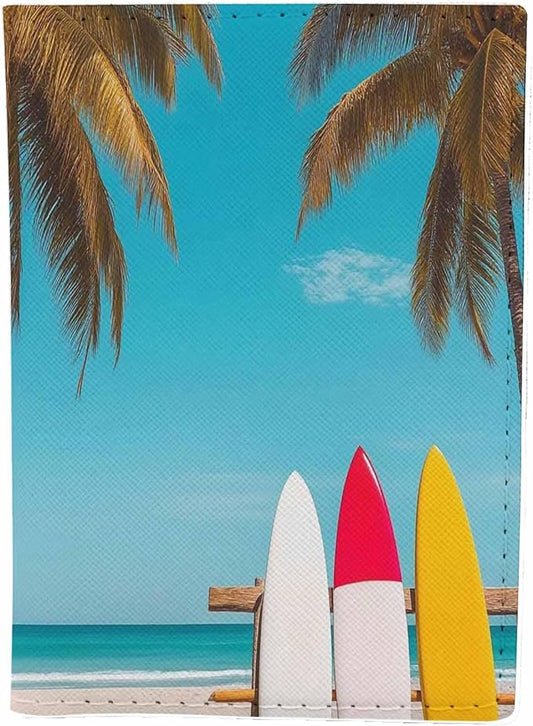 Holiday Beach Passport Holder for Travel Surfboard and Palm Tree PU Leather Passport Cover Wallet Cute Passport Card Holder for Women and Men