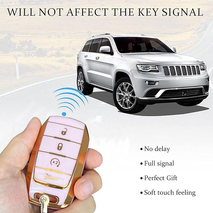 Key Protective Shell for RAM Key Fob Cover with Keychain Fit for RAM 1500 2500 3500 Smart Key Case Accessories (4-Button-Pink-Gold)