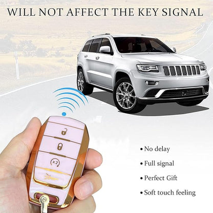 Key Protective Shell for RAM Key Fob Cover with Keychain Fit for RAM 1500 2500 3500 Smart Key Case Accessories (4-Button-Pink-Gold)