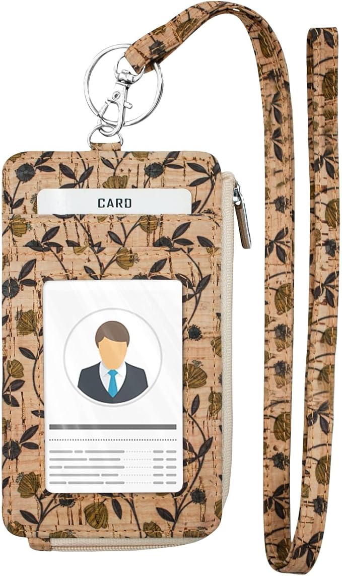 Badge Holder with Zipper - Boshiho Natural Cork ID Badge Card Holder Wallet with 18" Neck Lanyard, 5 Card Slots Vertical Style