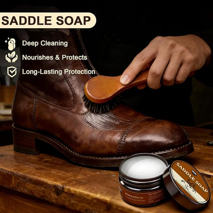 Leather Care Kit - Leather Polish, Cleaning & Conditioning Kit with 100g Saddle Soap & 100g Leather Oil, 2 Horsehair Brushes, Cloth, Sponge - Leather Boot Care Kit Gift for Men & Women
