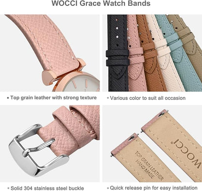 WOCCI 18mm Grace Watch Band for Ladies, Top Grain Leather, Quick Release Replacement Strap with Silver Buckle (Retro Pink)