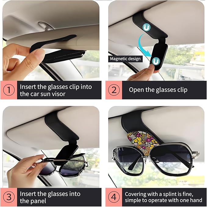 LKKDPS Sunglasses Holder for Car Visor, PU Leather Glasses Clip Organizer, Cute Magnetic Eyeglass Holder for Vehicle Sun Visor, Car Interior Accessory for Women & Men Wildflower Doodle Garden