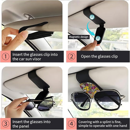 LKKDPS Sunglasses Holder for Car Visor, PU Leather Glasses Clip Organizer, Cute Magnetic Eyeglass Holder for Vehicle Sun Visor, Car Interior Accessory for Women & Men Wildflower Doodle Garden