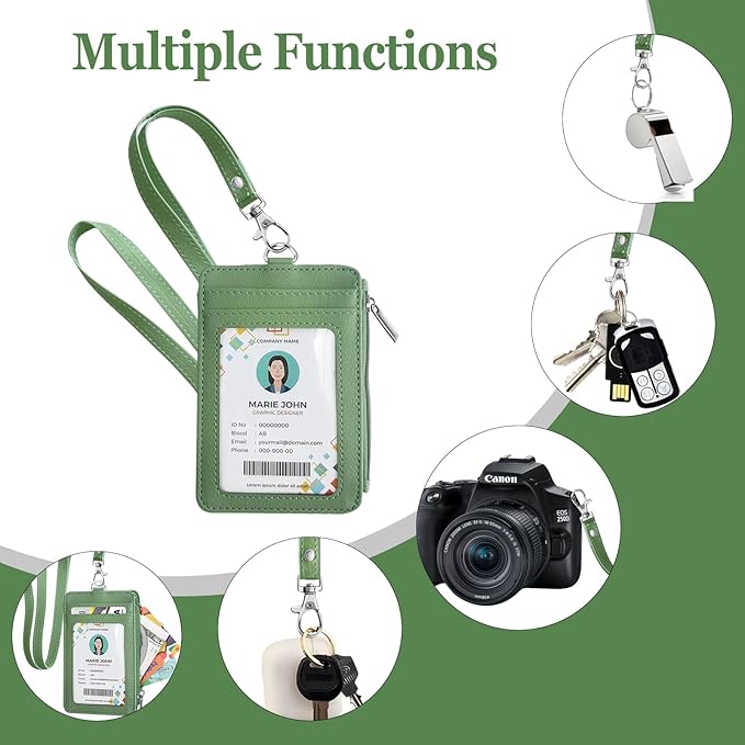 bolimoss 2-in-1 ID Badge Holder & Lanyard Wallet, Leather ID Name Badge with Side Zip Pocket for Teacher, Student, Women Small Wallet with Removable Neck Lanyard, Clear Window, 5 Card Slots,Lime Green