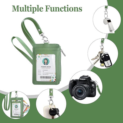 bolimoss 2-in-1 ID Badge Holder & Lanyard Wallet, Leather ID Name Badge with Side Zip Pocket for Teacher, Student, Women Small Wallet with Removable Neck Lanyard, Clear Window, 5 Card Slots,Lime Green
