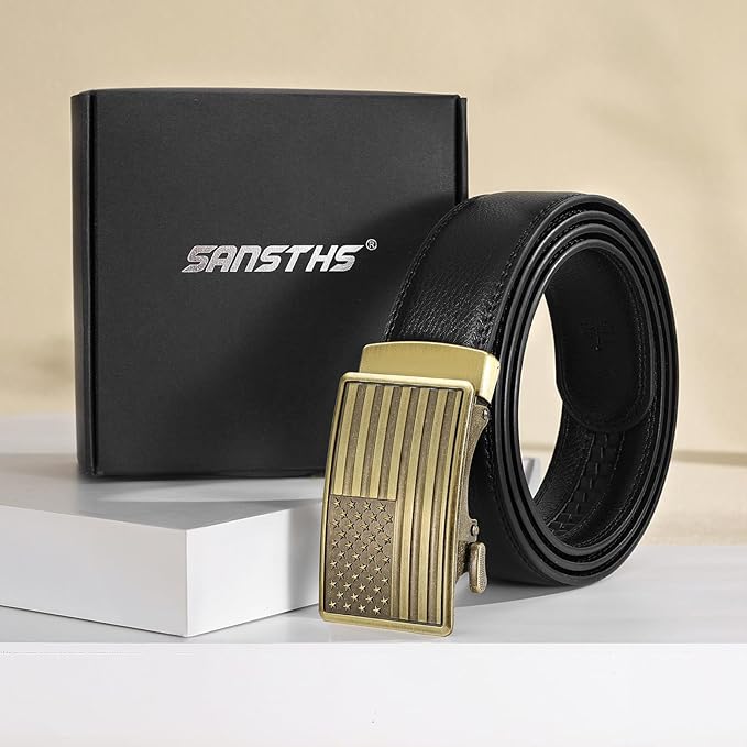 SANSTHS Mens Ratchet Belts Leather 1 3/8" for Men Dress and Casual, Adjustable Click Belts with American Flag Buckles