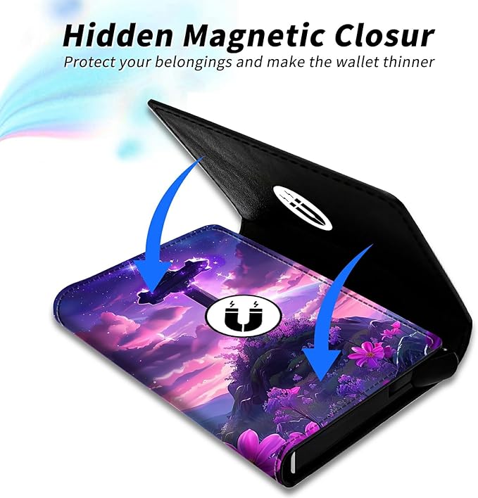 Flower Purple Minimalist Wallet for Men, Pop Up Card Case Wallet for Women, PU Leather Automatic Credit Card Holder Metal Money Clip Wallet RFID Blocking Bifold Pocket Wallet